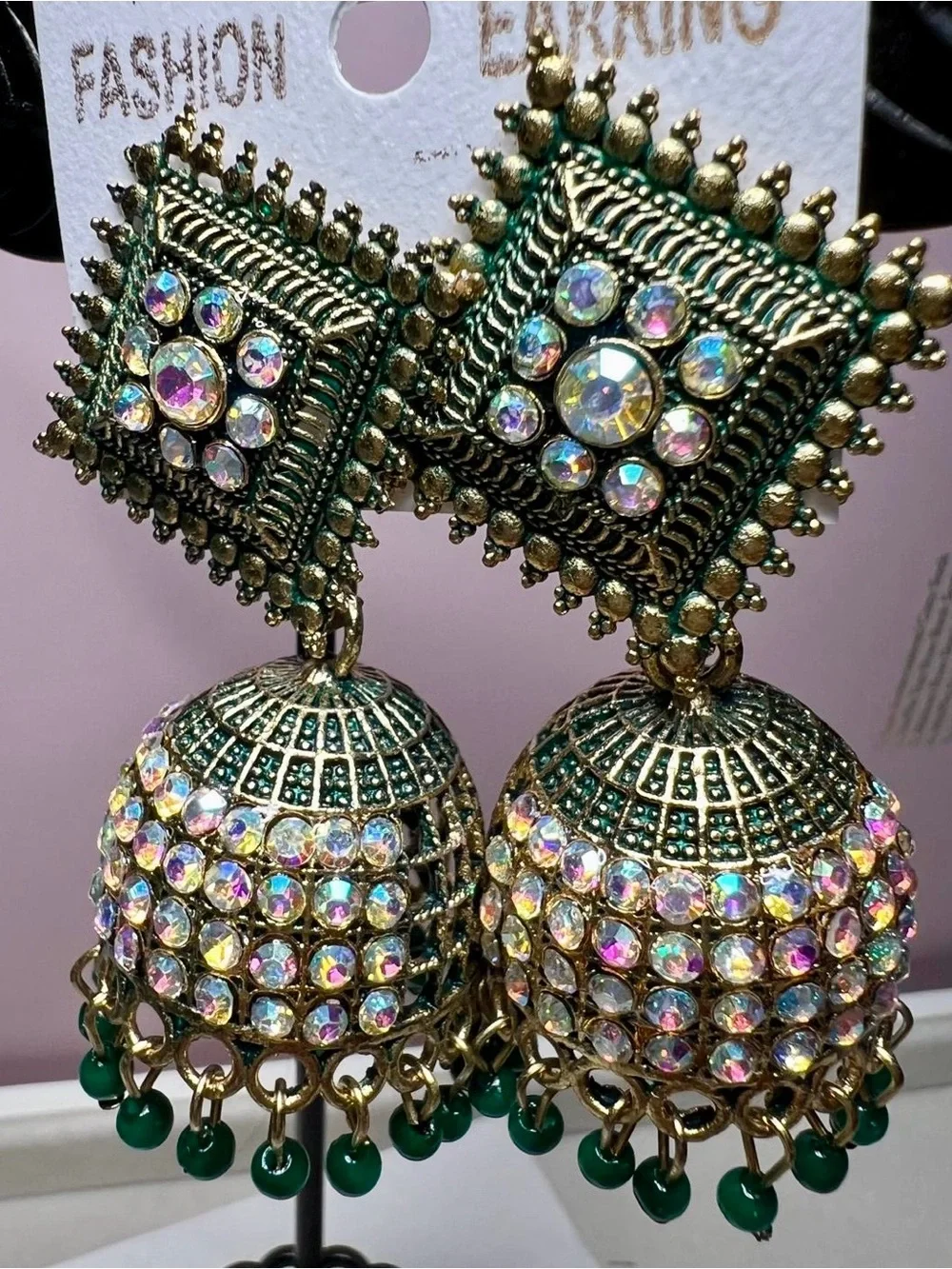 Gold-Tone Green Beaded Jhumka Earrings with Aurora Rhinestones